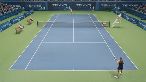 Sports TV Broadcast of Female Tennis Championship Match. Two Professional Women Athletes Compete on a Tennis Tournament. Network Channel Television Playback With Audience. High Angle Static Shot