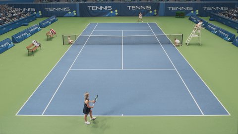 Sports TV Broadcast of Female Tennis Championship Match. Two Professional Women Athletes Compete, One Hits Fault Shot. Network Channel Television Playback With Audience. High Angle Static
