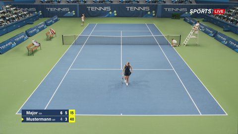 Sports TV Broadcast of Female Tennis Championship Match Full Set, Score. Two Professional Women Athletes Compete, Hit Fault Shot. Network Channel Television Playback With Audience. High Angle Static