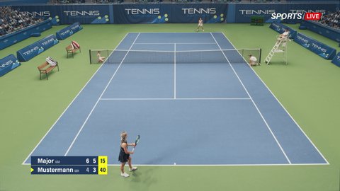 Sports TV Broadcast of Female Tennis Championship Match with Score. Two Professional Women Athletes Compete, One Hits Fault Shot. Network Channel Television Playback With Audience. High Angle Static