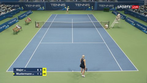 Sports TV Broadcast of Female Tennis Championship Match with Score. Two Professional Women Athletes Compete, Hits Net, Fault Shot. Network Channel Television Playback With Audience. High Angle Static