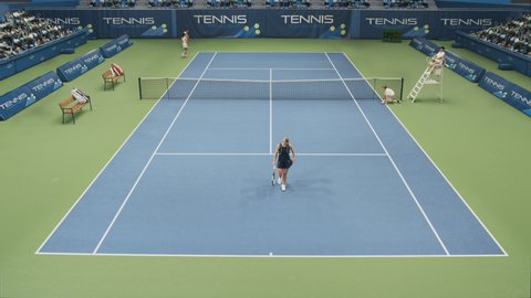 Sports TV Broadcast of Female Tennis Championship Match Full Set. Two Professional Women Athletes Compete, Hit Fault Shot. Network Channel Television Playback With Audience. High Angle Static