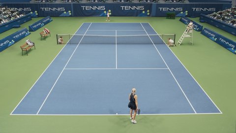 Sports TV Broadcast of Female Tennis Championship Match. Two Professional Women Athletes Compete, Hits Net, get Fault Shot. Network Channel Television Playback With Audience. High Angle Static