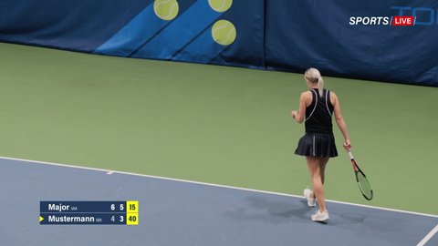 Sports TV Female Tennis Match on Championship. Female Tennis Player Serving Ball with a Rocquet, Playing Professionally on Tournament. Live Network Channel Television. 50 FPS Playback High Angle Shot