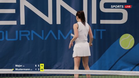 Tennis Championship Match Sports TV Broadcast. Female Tennis Player Hitting Ball with Rocquet. Professional Woman Athlete on Tournament. Sports Channel Network Television Broadcasting. 50 FPS Playback