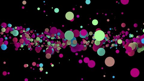 Abstract iridescent balls of different colors and shapes in the dark night sky. Used to enhance any video presentation, animated film, cinematic clips or film project. 3D. 4K. Isolated black backgroun