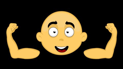 Loop animation of the face of a yellow cartoon character, bald, flexing his arms and contracting his biceps. on a transparent background