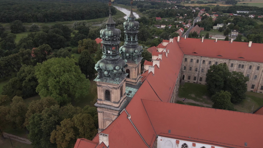 Aerial view of monastery complex in Lubiąż, the largest Cistercian abbey in the world. Lubiąż, Lower Silesia, Poland.