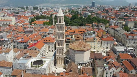 A an aerial picture of Split city centre showing Diocletian's Palace, the bell tower of the cathedral of St Domnius. Diocletian's palace view, Dalmatia, Croatia