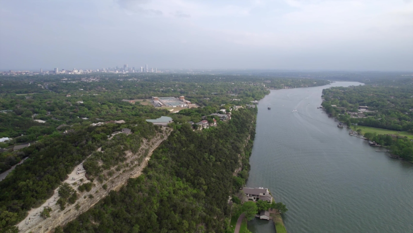 Austin, Texas aerial view on the Colorado River and Lake Austin, Suburbs won the riverfront. 