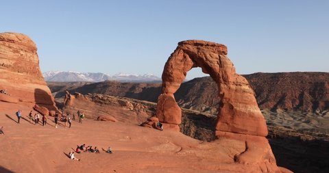 Moab, Utah, USA - April 2022: Delicate Arch is a 52-foot-tall freestanding natural arch located in Arches National Park.