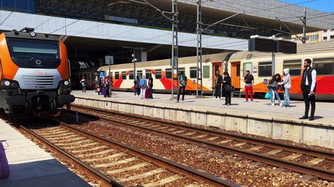 Casablanca, Morocco - May 04, 2022; Train approaching the main railway station in Casablanca