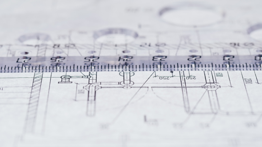Drawing line with pencil and ruler, plan blueprint close-up. Architect designer working, interior creator making architectural house project, drafting building. 