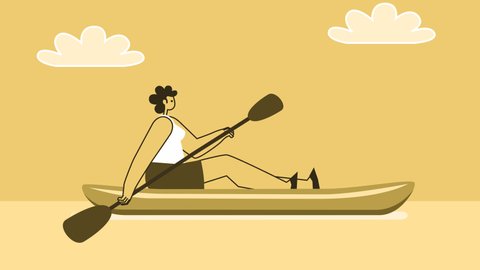 Yellow Style Woman Flat Character Swims in Kayak. Isolated Loop Animation with Alpha Channel