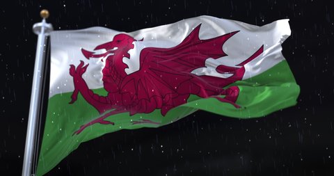 Wales Flag Waving with rain and snow in the night. Loop