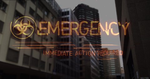 Animation of biohazard symbol and emergency text over cityscape. ukraine crisis and international politics concept digitally generated video.