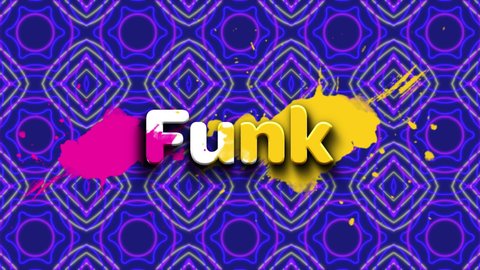 Animation of funk text over moving shapes on blue background. retro future and digital interface concept digitally generated video.