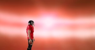 Animation of caucasian male american football player with ball over shapes. global sport and digital interface concept digitally generated video.