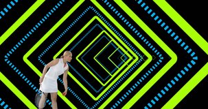 Animation of caucasian female tennis player over shapes. global sport and digital interface concept digitally generated video.