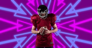 Animation of biracial male american football player with ball over arrows. global sport and digital interface concept digitally generated video.