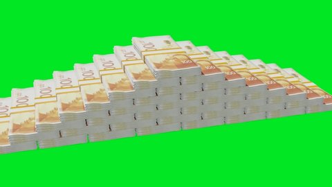 Many wads of money. 100 Israeli Shekel banknotes. Stacks of money. Financial and business concept. Chromakey.