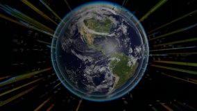 Satellites transmit signal to Planet Earth. View from space. World connection concept. Technology video footage.