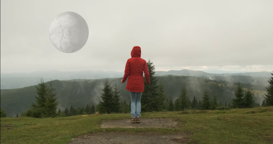 woman sees a huge unreal moon in the sky. Gives signals to aliens. Rotating planet, mountains, forest, fog, daytime