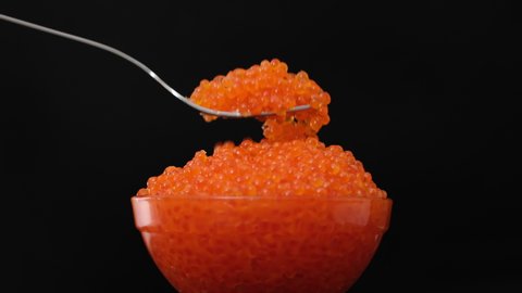 Red caviar. Bowl with red salmon salted roe caviar on tasting table. Hands pick caviar in spoon. Expensive healthy food concept on black background close-up slow motion