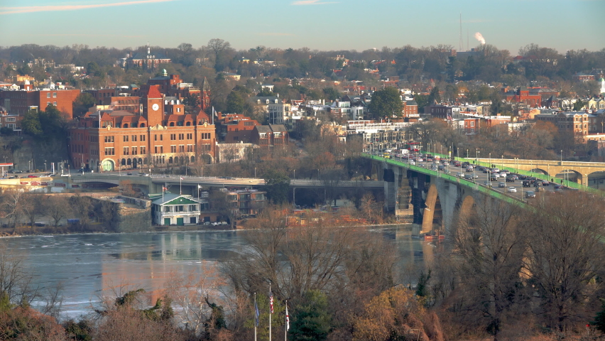 Panoramic view on Key bridge and Potomac river at winter morning, Washington DC, USA