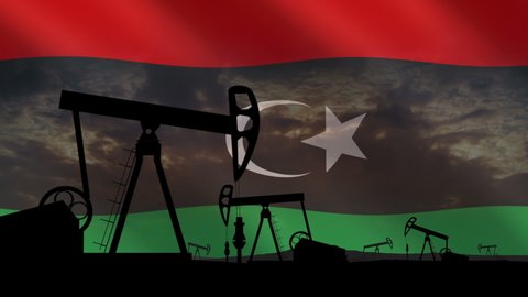 Libya. World's largest oil reserves by country. Crude oil production. Oil Pumps silhouettes on sunset and flag of Libya background. Oil import and export concept. Seamless loop video.