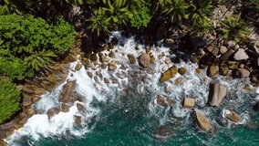 4K Aerial view shot. Drone camera over white beach sand and sew water clear. Nature video view of beautiful tropical beach and sea in sunny day. Palm tree at beach. At Phuket, Thailand.