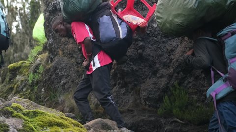 Kilimanjaro. Tanzania. Africa- 12.25.2021 Close-up Tourists climb Mount Kilimanjaro with a guide, a group of porters carry heavy equipment along a narrow path going through the rocks between the rocks