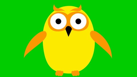Animated funny yellow owl flies. Looped video. Vector illustration isolated on a green background.