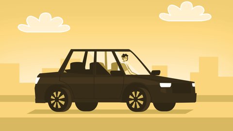 Yellow Style Man Flat Character Driving Black Car.  Isolated Loop Animation with Alpha Channel