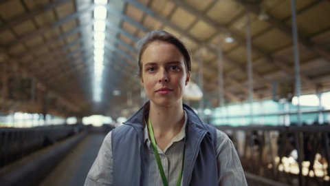Portrait livestock worker posing in cowshed. Agriculture manager put on glasses. Beautiful woman confident cattle breeding specialist looking in camera barn. Animal husbandry professional concept.