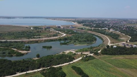 Summer Sunny Drone Shot Aerial View Flying Over Lake Close to Bucharest, RO