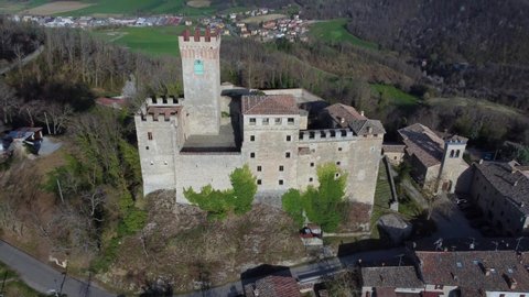 Pavullo nel Frignano, Modena, Emilia Romagna, italy - 04.17.2022: aerial view of Montecuccolo castle