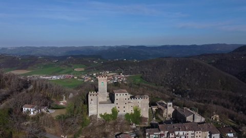 Pavullo nel Frignano, Modena, Emilia Romagna, italy - 04.17.2022: aerial view of Montecuccolo castle