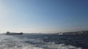 Cityscape of Istanbul and Bosphorus view from a ferry. Travel to Istanbul background 4K video. 