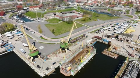 Klaipeda , Lithuania - 04 26 2022: Klaipeda, Lithuania - april 26 2022: Aerial view Klaipeda city castle site, which has been reconstructed