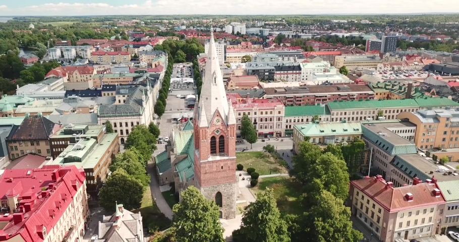 Aerial 4k view of Nikolai church (Nikolaikyrkan) in Örebro city center , Sweden