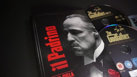 Rome, Italy - May 04, 2022, detail of the cover and DVDs of the film The Godfather, directed by Francis Ford Coppola, the first film in the trilogy of the same name by the director himself.