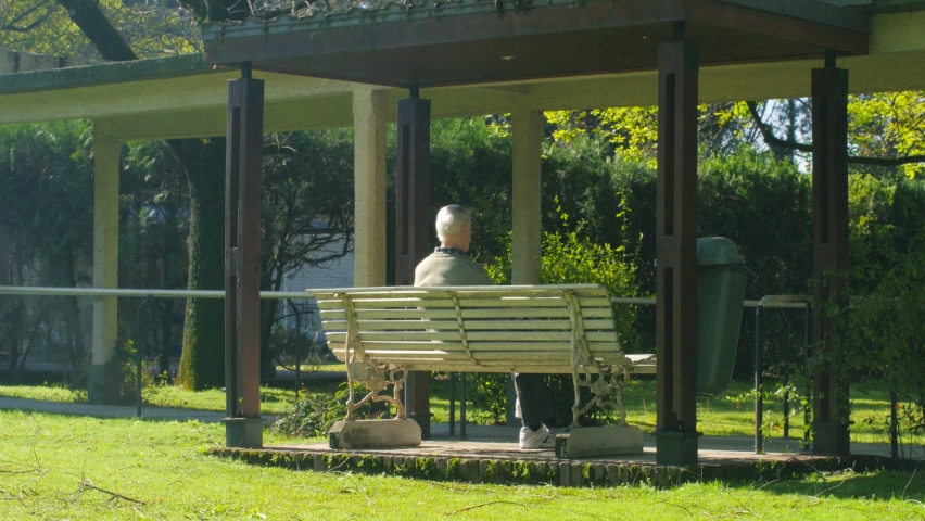 Isolates elderly man on a public bench, back view