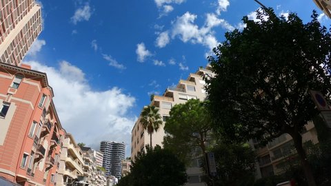 Monaco, October 6, 2021: TRAVELING SHOT - Monaco is known for its massive amount of varying architecture despite it being such a small country. With the number of sharp hills and narrow coastline.