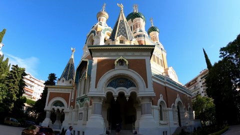 Nice, France, October 3, 2021: The Russian Orthodox Cathedral Saint-Nicolas of Nice, the largest Eastern Orthodox Cathedral in Western Europe.