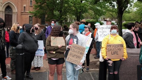 Pittsburgh,PA USA. May 7, 2022. Abortion rights rally held at Freedom Corner in the Hill District neighborhood of Pittsburgh on a rainy day.