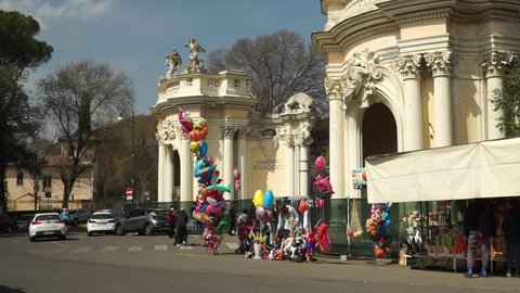 Rome, Italy - March 10, 2022, entrance of the historical zoological garden, biopark inside the public park of Villa Borghese.