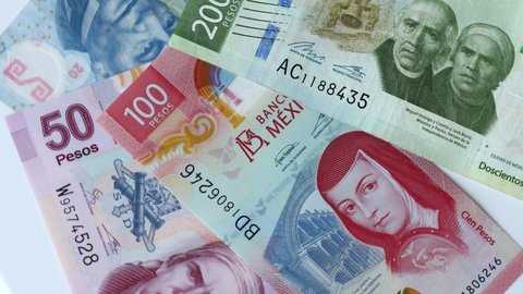 Mexican money, pesos banknotes, and the concept of lotteries and games with prizes moving slowly around