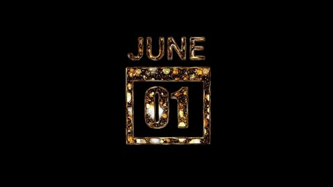 June 1 Calendar. 1 june lettering written in gold letters on a black background. June background. Days of June. 