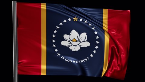 Mississippi US state flag waving in the wind. Looped video with a transparent background (ProRes with Alpha channel)